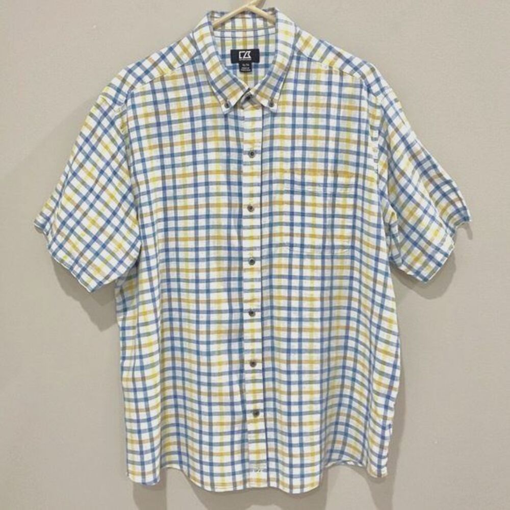 Cutter & Buck Linen Shirt Yellow & Blue Plaid Button Up Linen Blend Sz XL